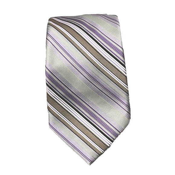 BACHRACH Men's‎ 100% Silk Necktie Striped Purple/ Gray/ Brown - Picture 3 of 3